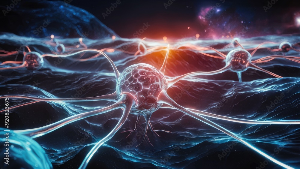 Poster concept of neural networks featuring interconnected cells with links