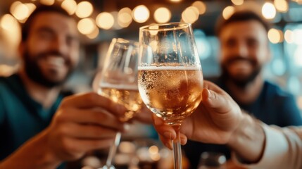 Three friends raise their wine glasses for a toast during a celebration at a warmly lit bar, symbolizing friendship, celebration, and joyous moments shared in a social atmosphere.