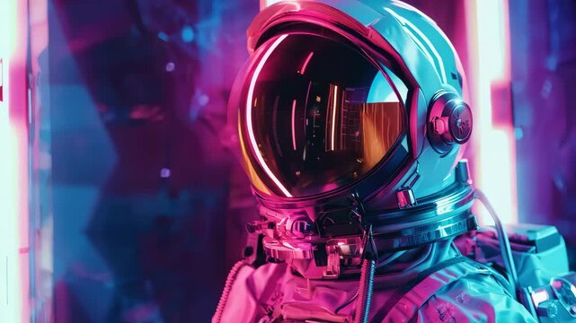 Neon-lit space station corridor exploration by astronaut