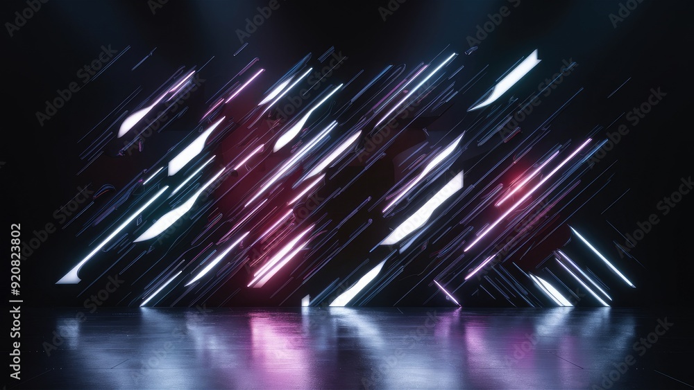 Poster Vibrant abstract neon light patterns in motion creating a dynamic stage show background with reflections Trendy 3D ultraviolet lines for a futuristic studio effect ideal for corpora
