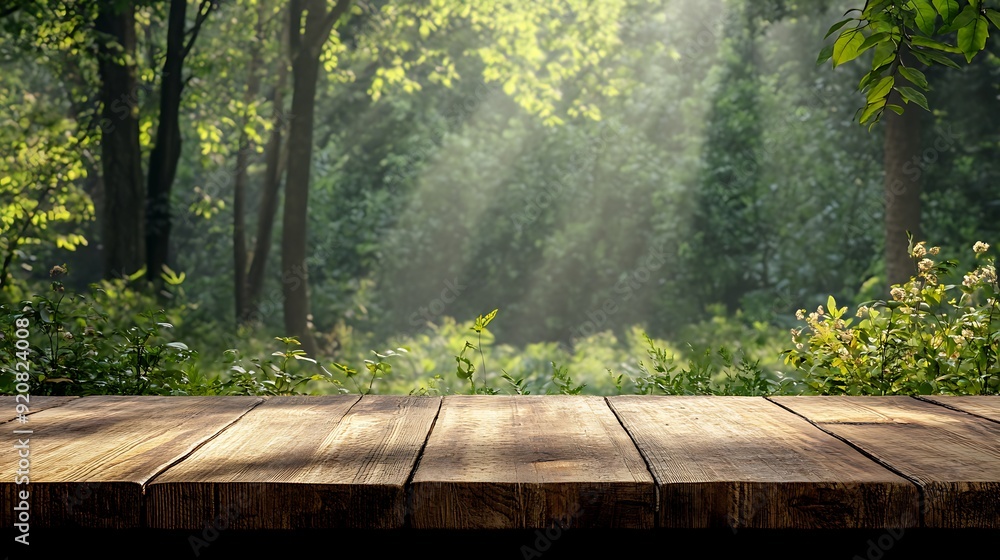 Poster 3d rendering of a rustic wooden table against a dark green forest backdrop