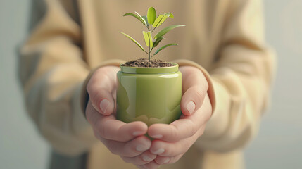 3D Flat Icon: Person with Green Savings Jar and Plant   Symbolizing Savings and Sustainable Growth, Isolated on White Background