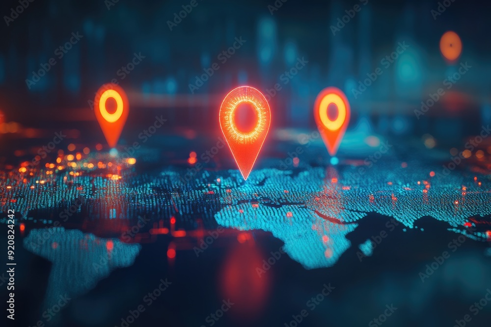 Aufkleber geo locator. modern world map with navigation gps pins and urban code overlay