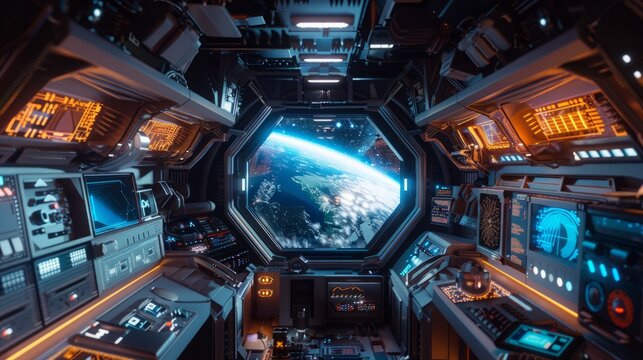 A futuristic spaceship interior with a large window overlooking planet Earth.
