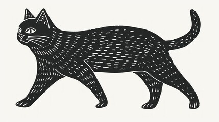 Hand carved block print cat in linocut style, textured silhouette childish vector illustration, isolated on white