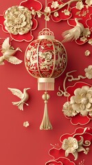 Traditional light red lantern relief mural poster background