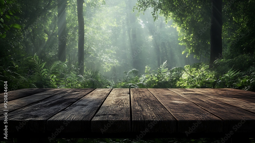 Poster 3d rendering of a rustic wooden table against a dark green forest backdrop
