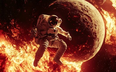 Fototapeta premium A 3D illustration of an astronaut watching flames destroy planet Earth. Ultra-realistic digital space art in 5K.
