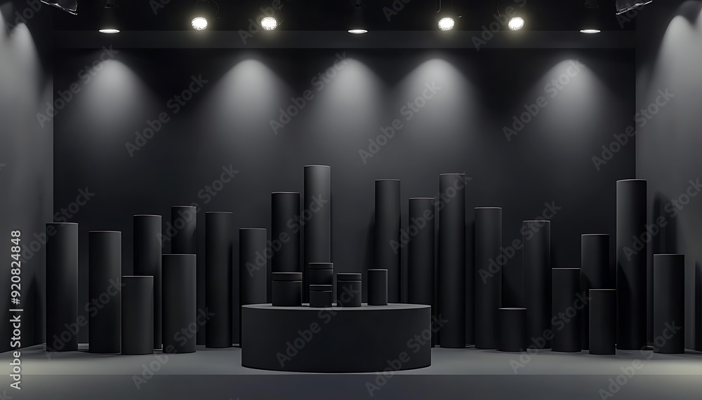 Aufkleber 3d illustration of matte black cylinders in a grid pattern with overhead spotlights