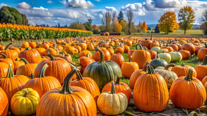 Vast Pumpkin Patch in Countryside on a Sunny Autumn Day