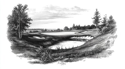 Golf History. Retro Illustration of 19th Century Golf Course on White Background