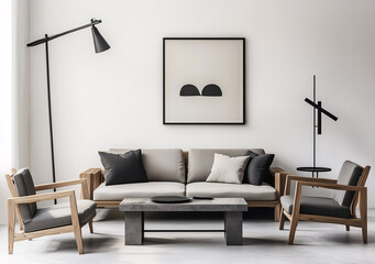 Minimalist living room with gray fabric sofa, wooden furniture, and neutral decor for modern interior design inspiration.