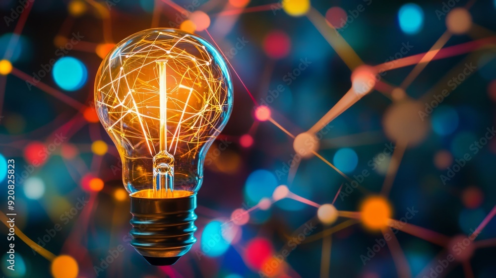 Wall mural a light bulb connected to a network of colorful lines and dots, symbolizing interconnected ideas in 