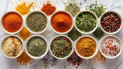 Different seasonings in cups. Spice background on the table