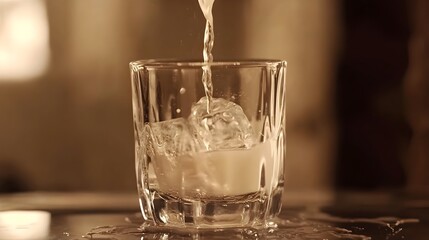Pouring Refreshing Drink into Elegant Crystal Glass on Wooden Table