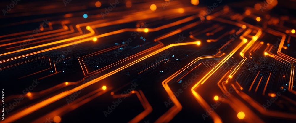 Poster circuit board futuristic server code processing. orange, black technology background with bokeh. 3d 