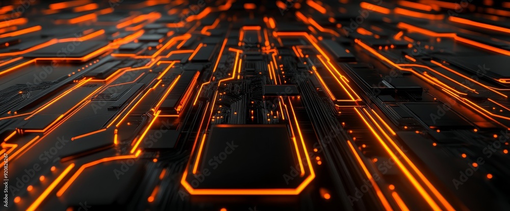 Poster future printed circuit board server code processing. orange, black technology background with bokeh.
