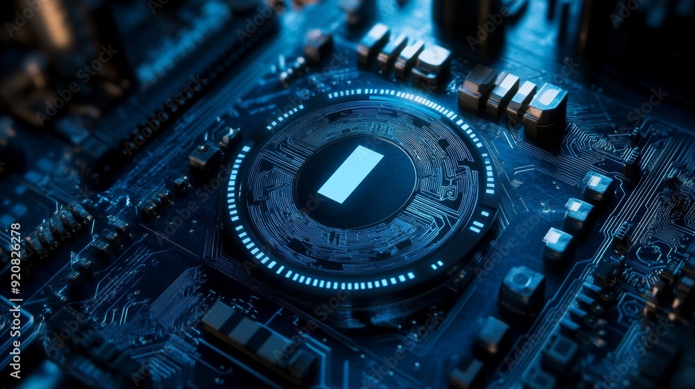 Poster data flow between users and the cpu across a futuristic motherboard with info symbol on a microchip.