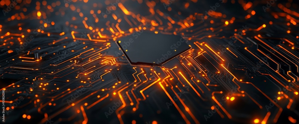 Poster circuit board future server. orange, black technology background with bokeh. 3d rendering.