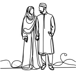 person in a dress, one line drawing of an Islamic couple dressed in shar'i