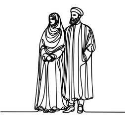 person in a dress, one line drawing of an Islamic couple dressed in shar'i