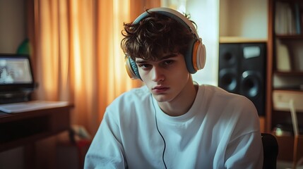 Fototapeta premium Young Man Enjoying Music on Headphones in Cozy Home Studio Environment