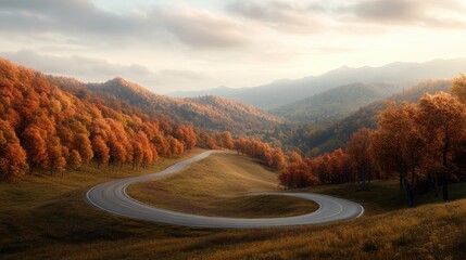 Tranquil Autumn Drive: Winding Road Through Vibrant Forests and Rolling Hills for Fall Scenic Adventure