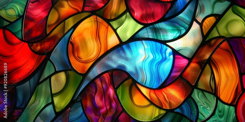 Poster a vibrant and flowing stained glass design, featuring a rich array of colors and captivating abstrac