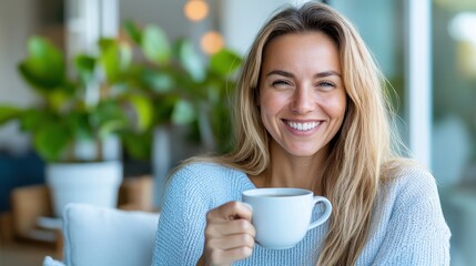 A woman wearing a light-colored sweater smiles warmly while holding a white coffee cup, surrounded by lush green plants, enjoying a tranquil moment at home.