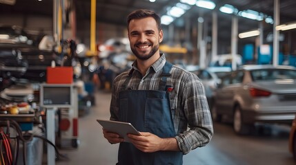 Confident blue-collar mechanic using digital tablet in industrial factory workshop