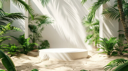Fototapeta premium Top view of white podium on sandy floor surrounded by plants