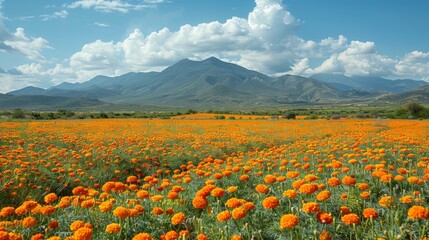Fototapeta premium Dia de los Muerto, Mexican holiday. A vast field of vibrant marigolds in full bloom, their golden hues illuminating the landscape and symbolizing the path for departed spirits.