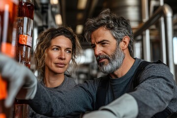Two experienced factory workers in grey attire and gloves are closely inspecting a production process, symbolizing the importance of experience and precision in manufacturing industries.