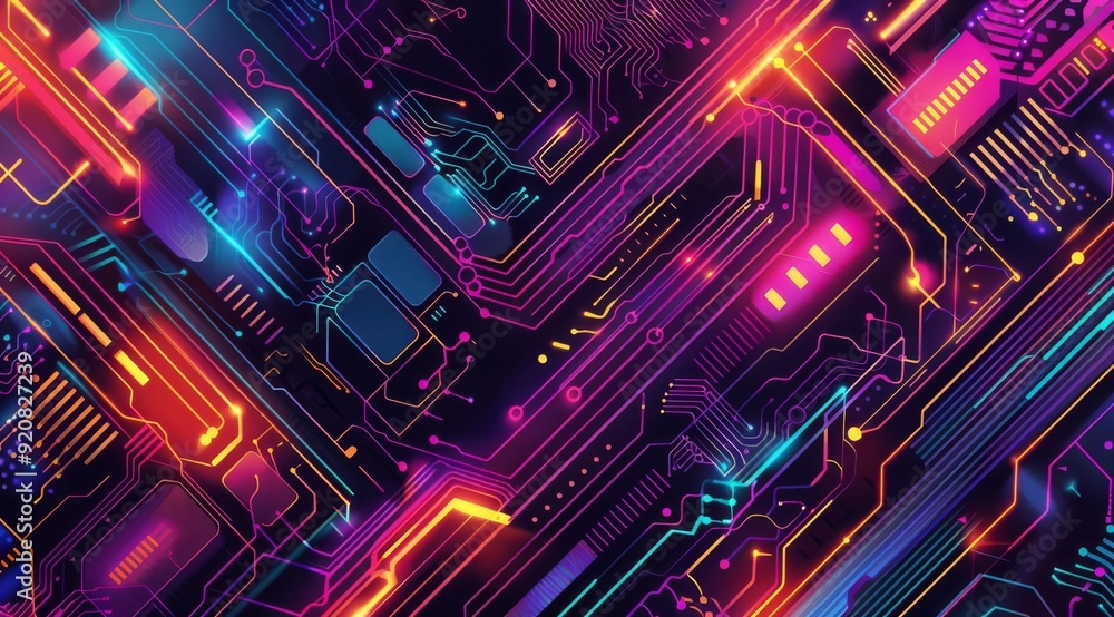 Poster a dynamic electronic circuit design with glowing lines and rich colors, symbolizing advanced technol