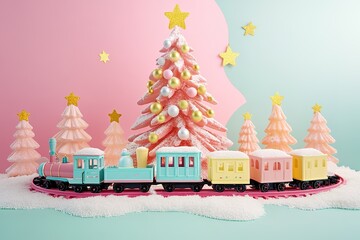 Obraz premium Toy train circling snowy Christmas tree with star decorations