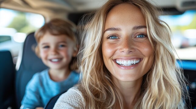 A joyful mother and her beaming son share a happy moment in the car, captured perfectly in this lively selfie. Their genuine smiles reflect the warmth of their bond.