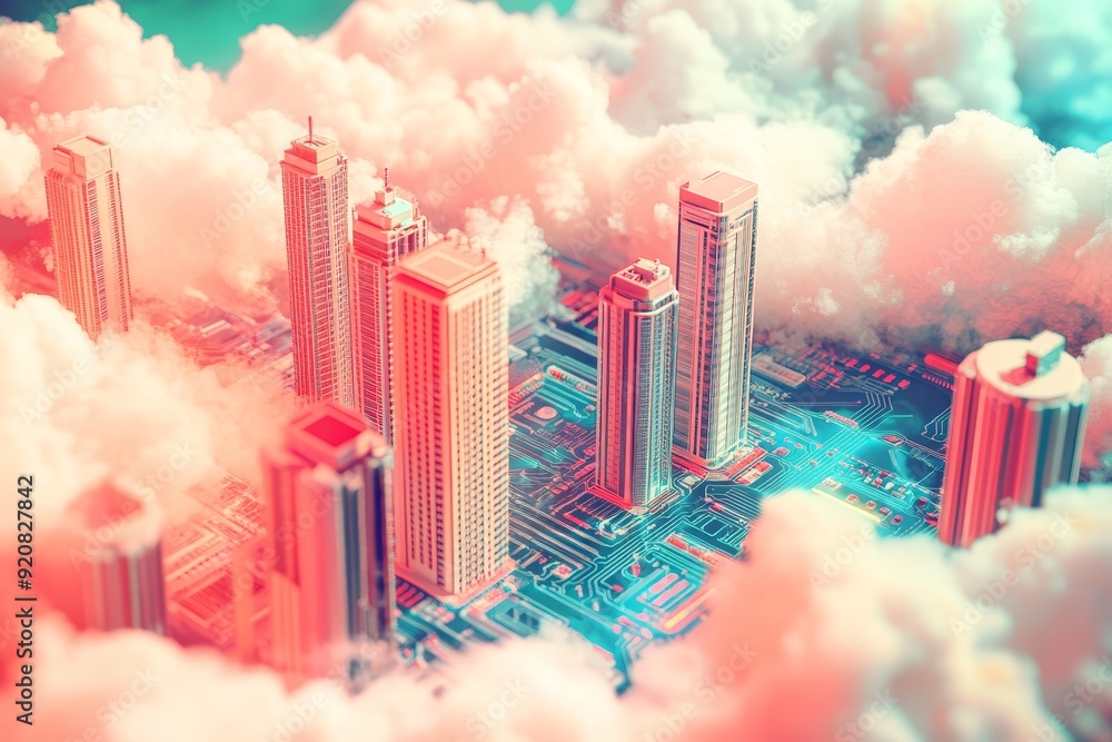 Poster futuristic illustration of cloud computing technology. generation of information based on stock