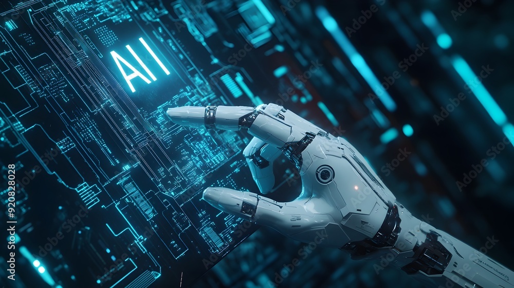Poster robotic hand interacting with futuristic digital interface in technological environment