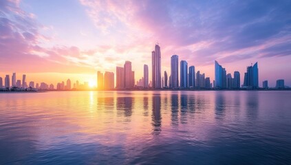 Cityscape at Sunset with Skyscrapers and Calm Water Reflection