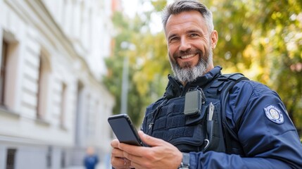 A police officer in a tactical uniform uses his phone in an urban setting. The background has buildings and trees, with a focus on the officer's friendly smile and professionalism.