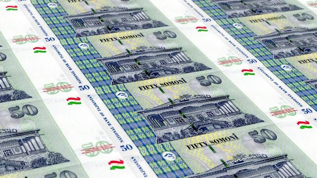 Tajikistan Tajikistani Somoni 50 Banknotes Money Printing House, Printing Fifty Tajikistani Somoni, Printing Press Machine Print out Tajikistani Somoni, Being printed by currency press machine