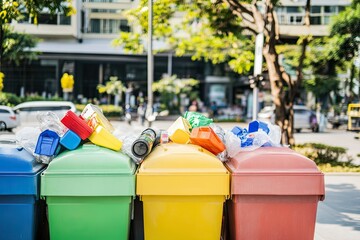 Waste Sorting in the City Center During Daylight With Colorful Bins Filled With Recyclable Materials