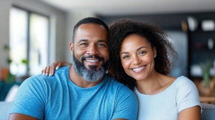 Obraz premium A happy couple with their arms around each other, smiling warmly, sits indoors. Their joyful expressions reflect the affectionate bond and cozy environment surrounding them.