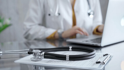 Stethoscope and clipboard with medication history records are on a glass desk behind a physician using a laptop computer. Medicine concept