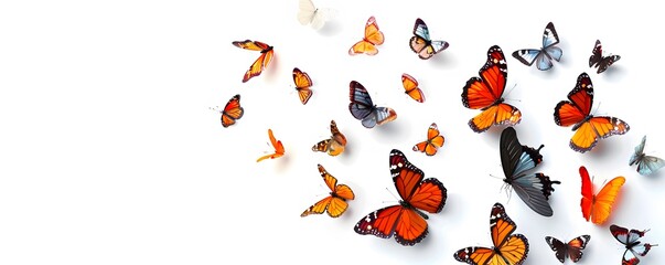 Fototapeta premium Colorful Butterflies in Flight Against a White Background