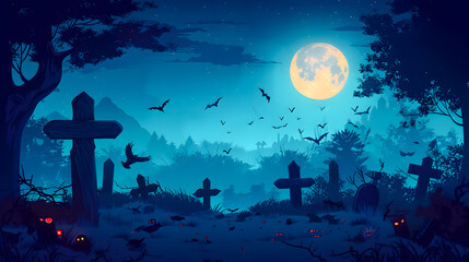 Naklejka premium Horror cemetery at night with full moon and ravens. Digital art