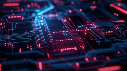 Obraz premium An intricate circuit board adorned with neon lights symbolizing connectivity.