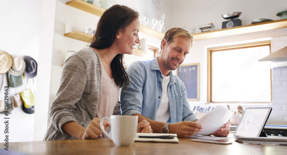 Poster Couple, happy and documents with love at house for financial planning, bank balance or debt payment. Smile, woman and man with paperwork for budget savings, property insurance and loan application