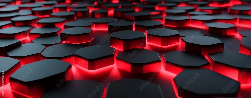 Poster a dynamic black background with glowing red lines and hexagons; ideal for digital art or futuristic 
