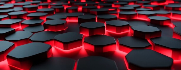 Obraz premium A dynamic black background with glowing red lines and hexagons; ideal for digital art or futuristic designs.